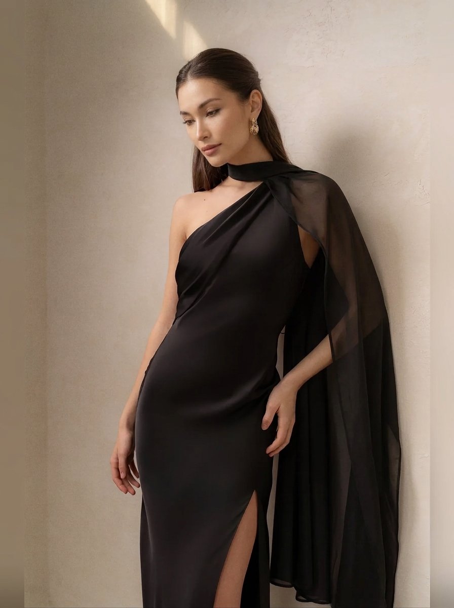 A woman wearing a black one-shoulder satin gown with a sheer draped cape and a thigh-high slit, posing against a textured beige wall.