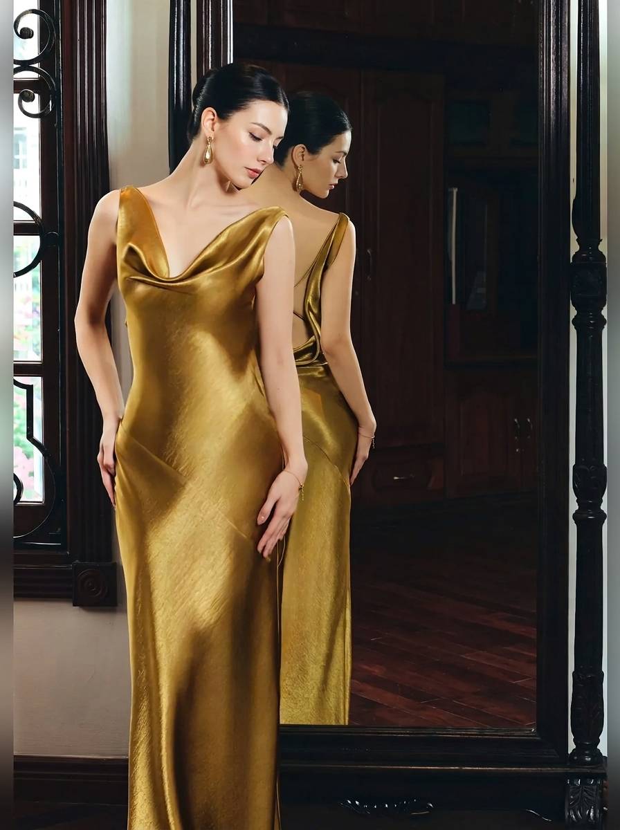 A woman wearing a floor-length satin-like gown in a rich golden-olive tone, standing indoors beside a large dark wooden mirror that reflects her profile. The dress has a draped neckline and a fitted silhouette.