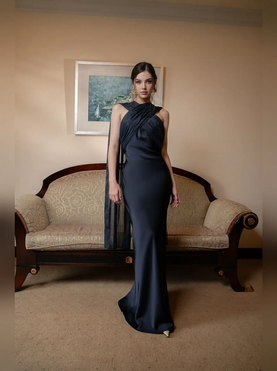 A woman stands in a room wearing a floor-length dark navy gown with draped one-shoulder styling and a sheer side panel. A patterned beige sofa and framed wall art are behind her.