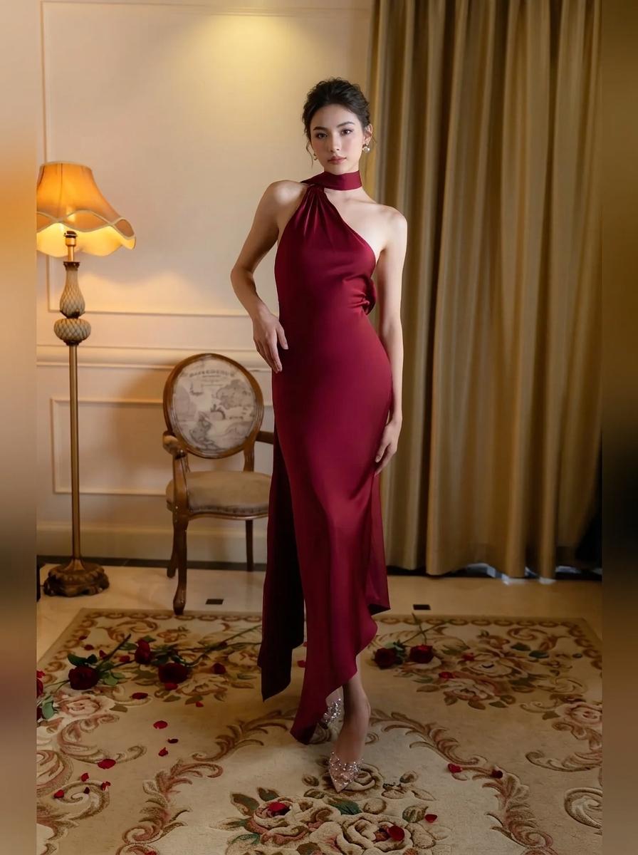 A woman models a sleeveless, high-neck, halter-style evening gown in deep burgundy. The dress features a draped, asymmetrical neckline and a high-low hemline.