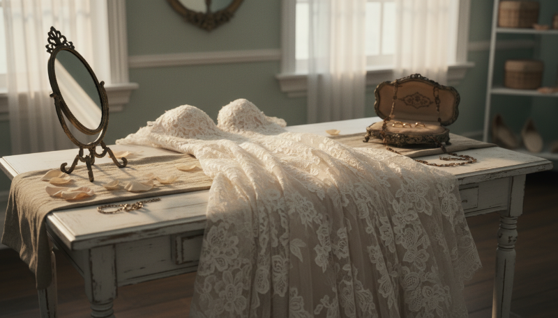 A cream lace bridal veil or dress is draped over a distressed white table in a softly lit room, surrounded by vintage-style props including a small mirror, jewelry, and an open jewelry box.