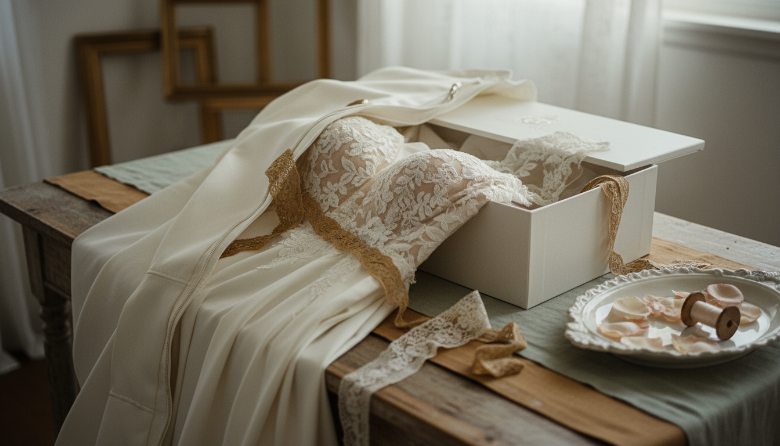 A cream-colored lace and satin dress or lingerie set draped over an open white box on a rustic wooden table, with lace trim, ribbon, and a small plate of petals nearby in a softly lit room.