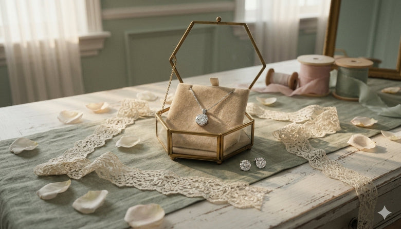 A small hexagonal gold-tone jewelry box with a clear glass top, holding a silver necklace and a round silver pendant, arranged on a rustic table with lace trim, ribbon spools, and scattered flower petals.